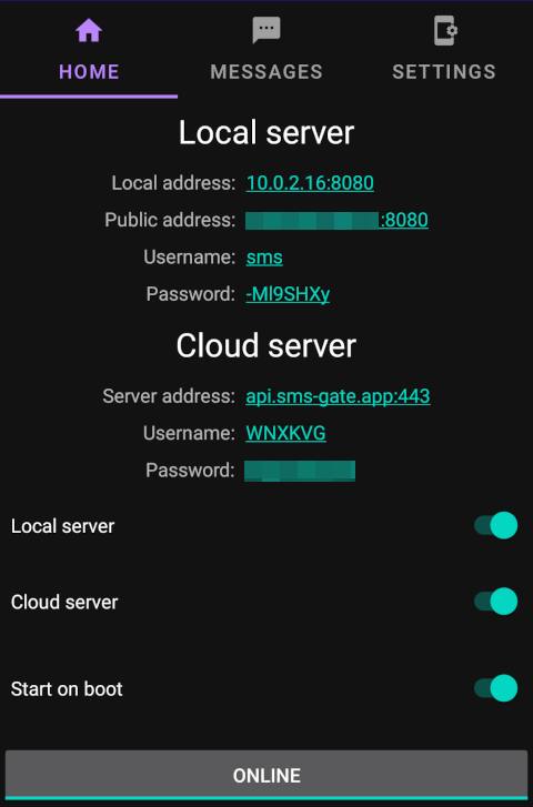 SMS Gateway for Android app interface showing local and cloud server configuration