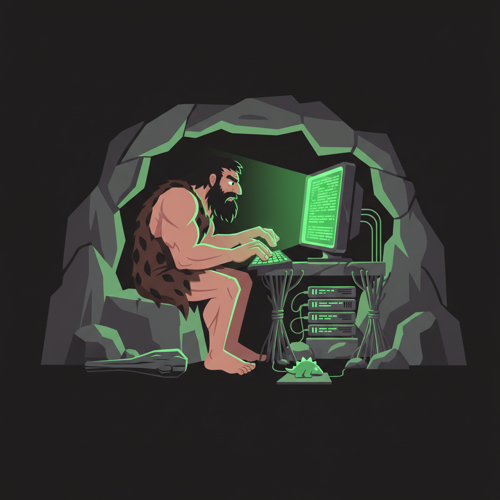 Caveman coding at a terminal in a cave with green screen glow