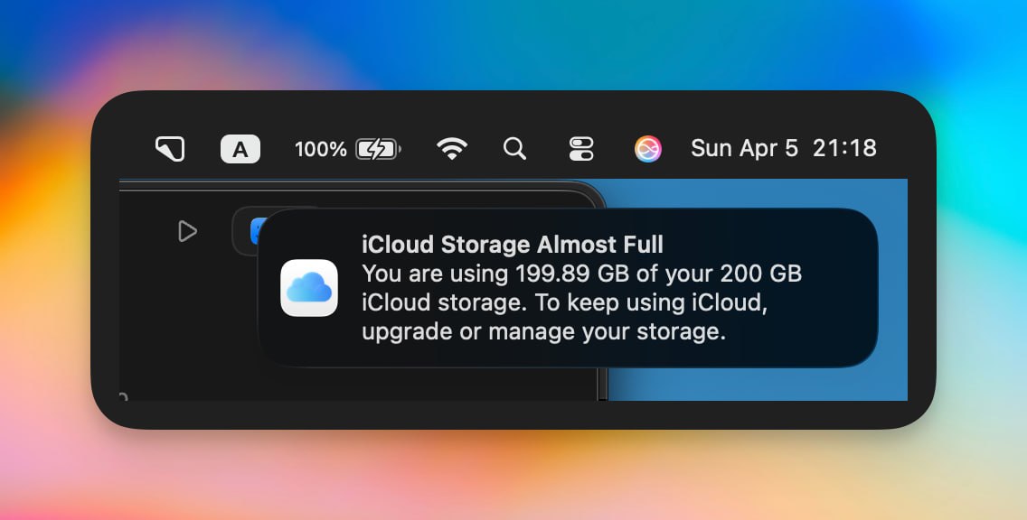 iCloud Storage Almost Full notification showing 199.89 GB of 200 GB used