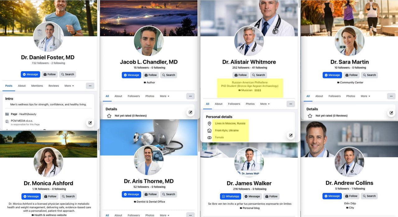 Grid of fake doctor Facebook profiles used by Medvi