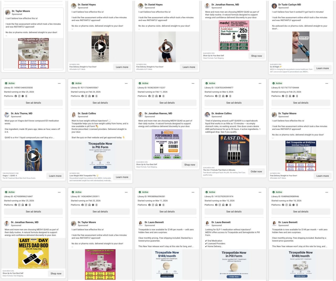 Grid of fake doctor Facebook pages posting promotional content for Medvi