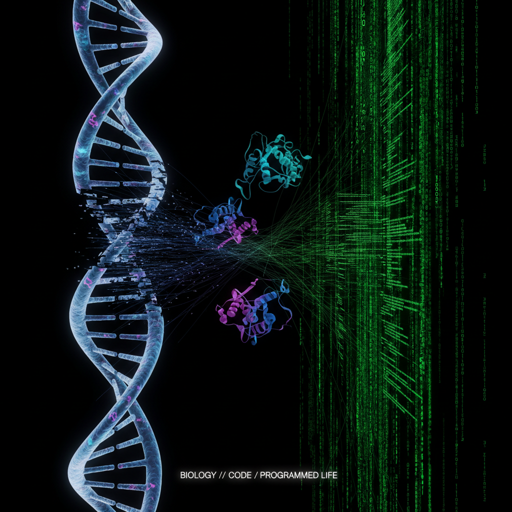 DNA helix transforming into code with protein structures floating between biology and digital