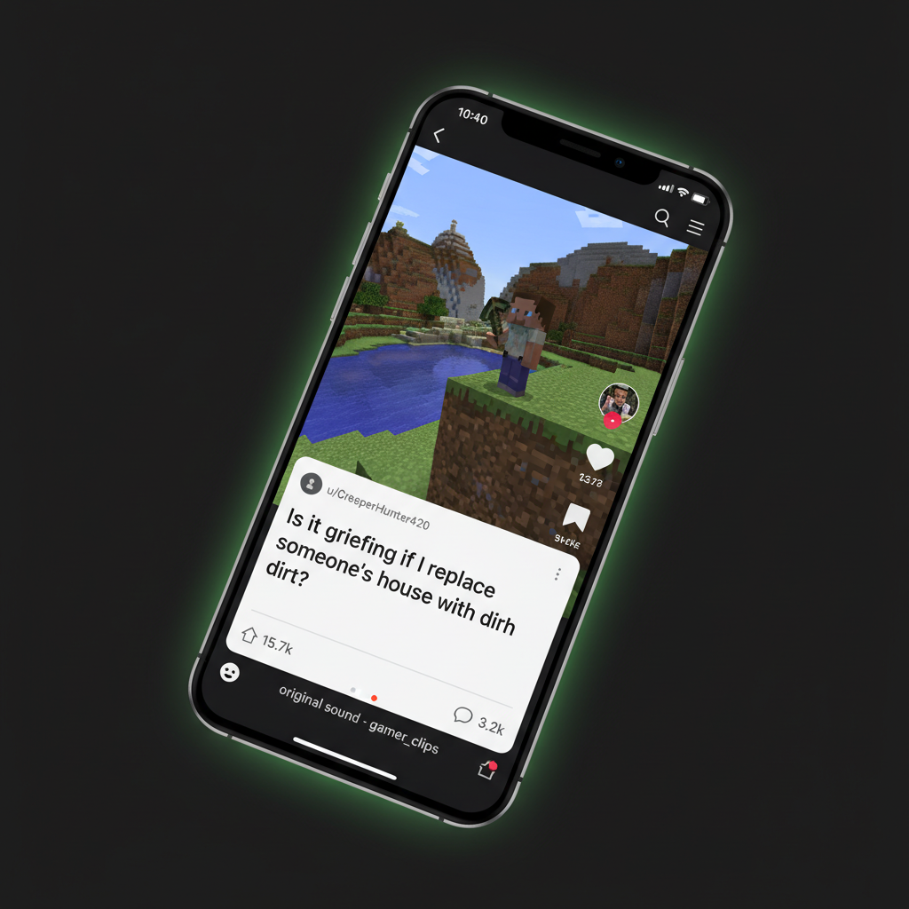 Reddit Video Maker showing a TikTok-style video with Reddit post overlay on Minecraft gameplay